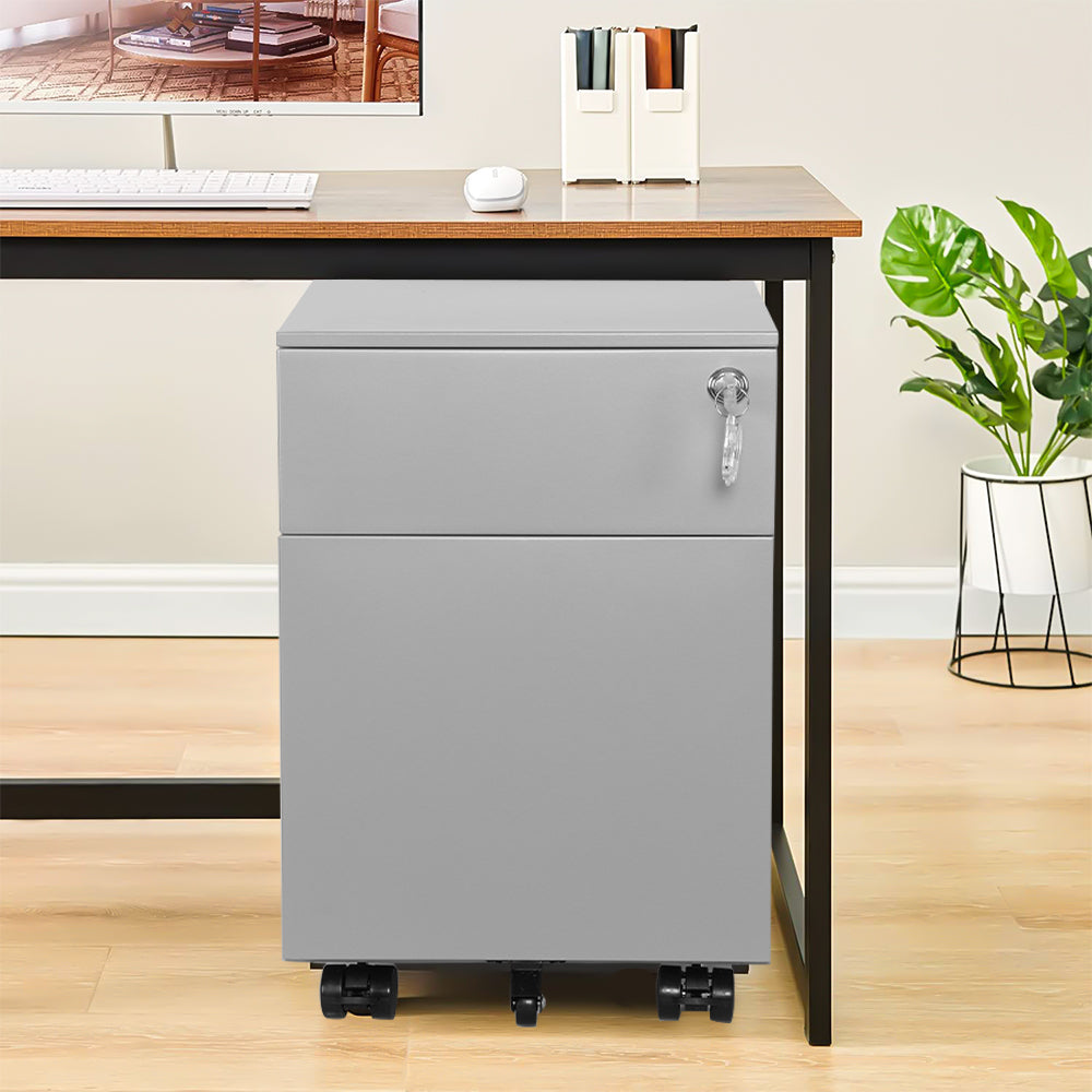 2 Drawer Grey Metal Filing Cabinet with Lock and Wheels