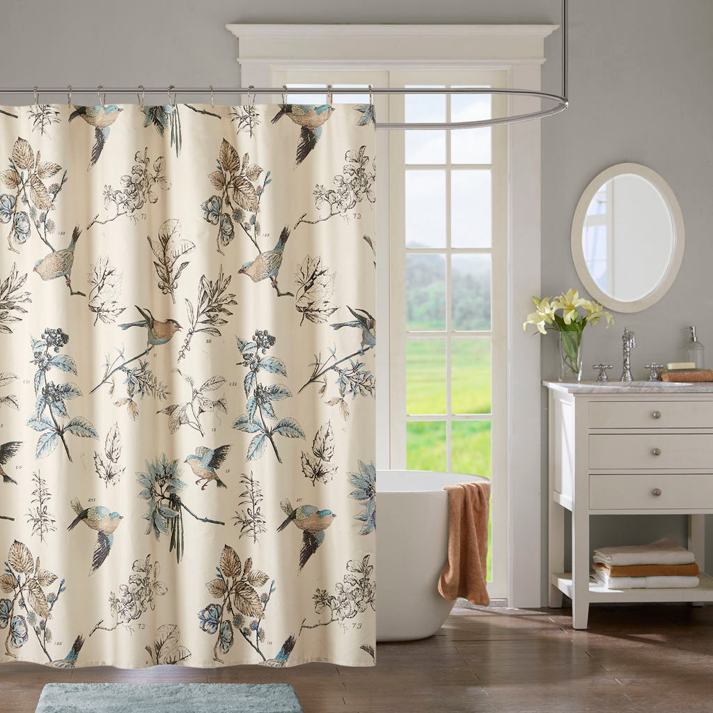 Khaki Bird and Leaf Print Cotton Shower Curtain