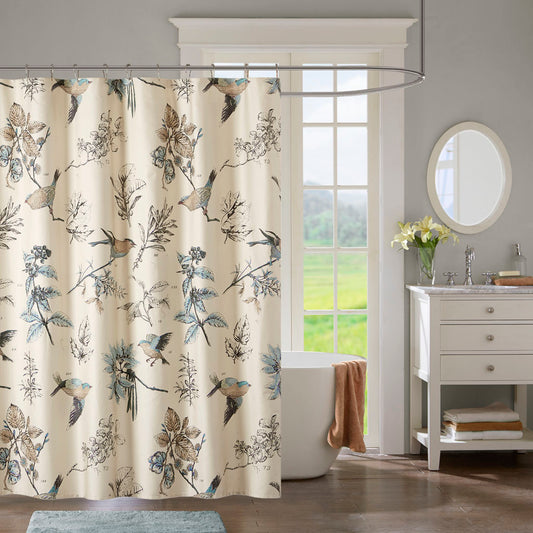 Khaki Bird and Leaf Print Cotton Shower Curtain