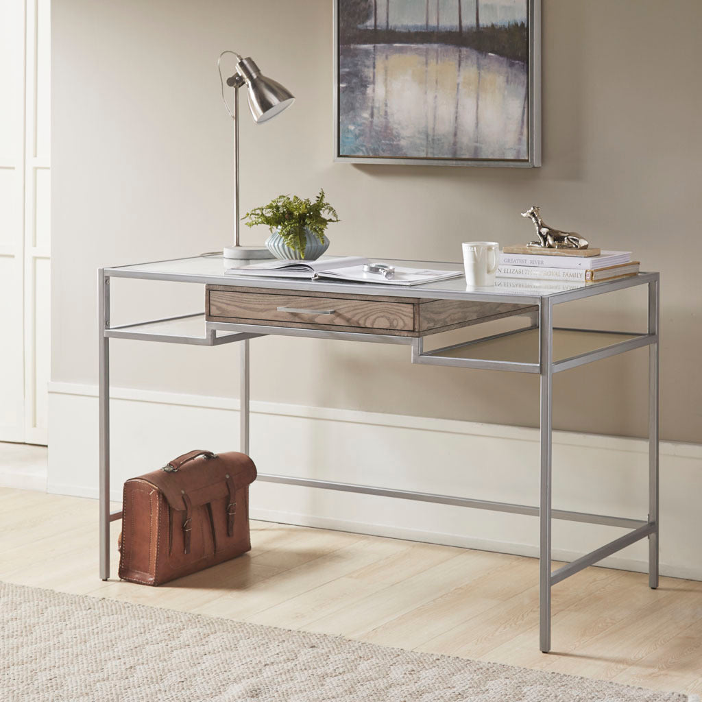 Adela Glass-Top Writing Desk with Floating Drawer