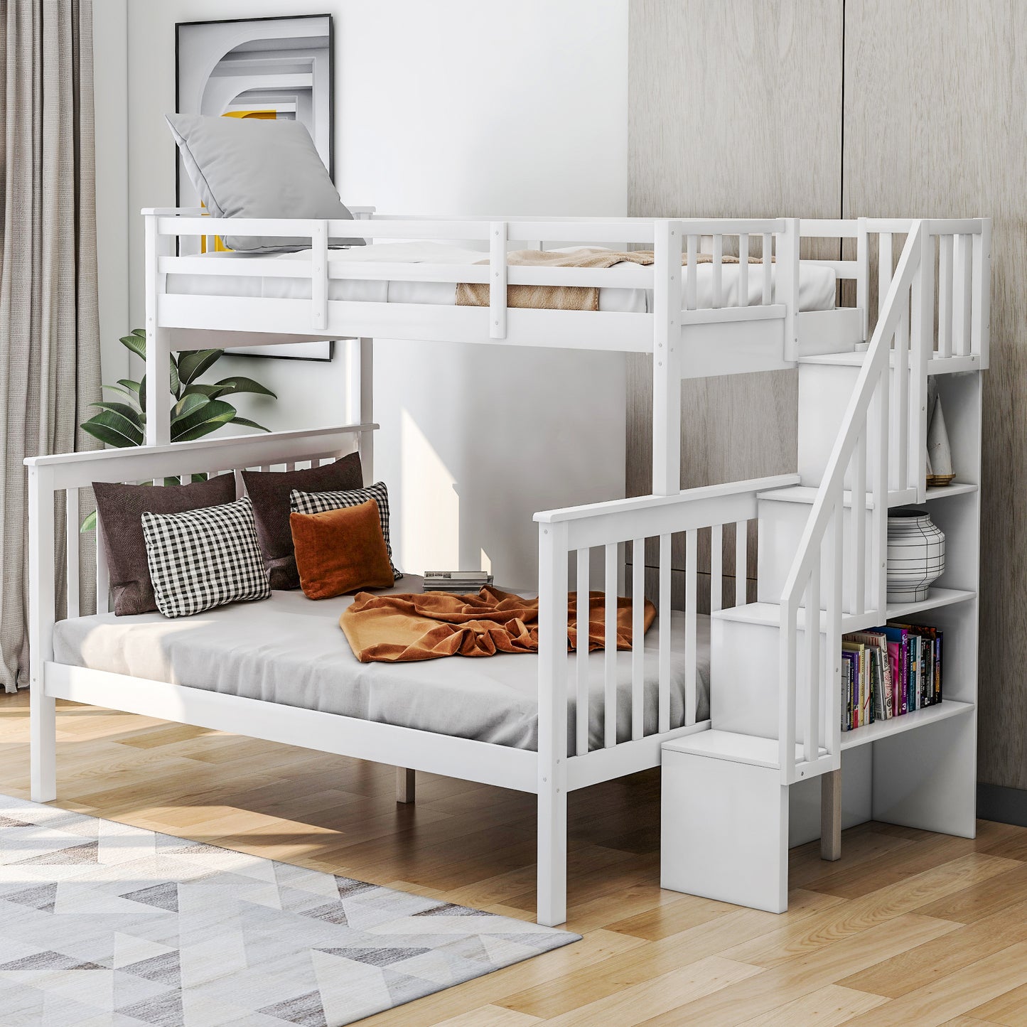 White Twin-Over-Full Bunk Bed with Staircase Storage and Guard Rail