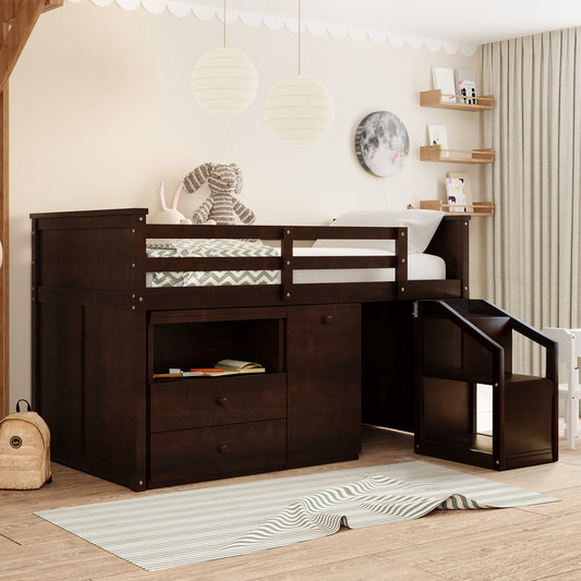 Loft Bed Low Study Twin Size Loft Bed With Storage Steps and Portable,Desk,Espresso(: LT000101AAP)