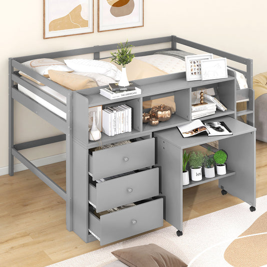 Full Size Low Loft Bed with Rolling Portable Desk, Drawers and Shelves, Gray(: GX000711AAE)