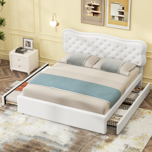 Queen Size Upholstery Platform Bed with Storage Drawers and Trundle,White