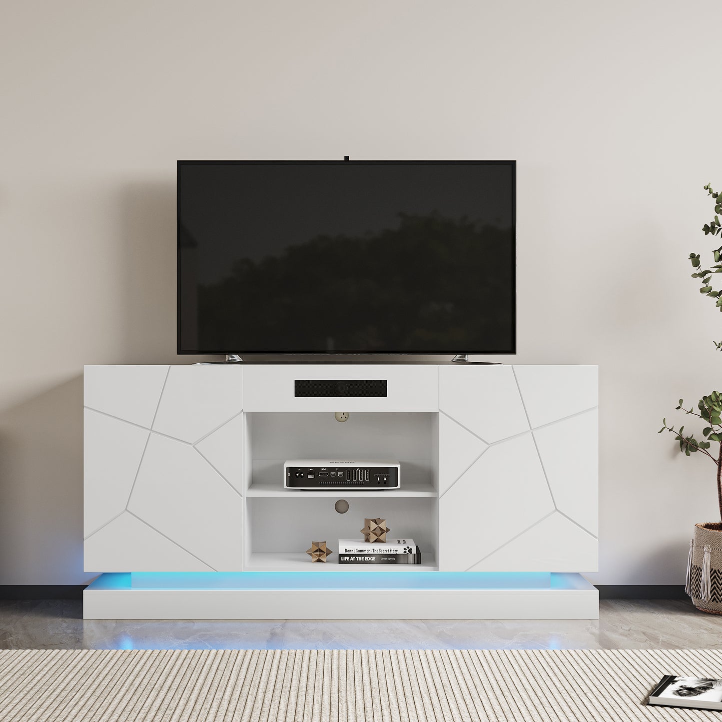 White TV Cabinet with Bluetooth Speaker and LED Lights, Modern Entertainment Stand with Storage Drawers