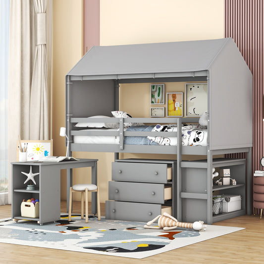 Twin Size Loft Bed with Rolling Cabinet, Shelf and Tent - Gray