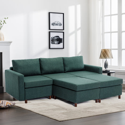 Modular Green Sectional Sofa Set with Ottoman and High-Quality Linen Fabric