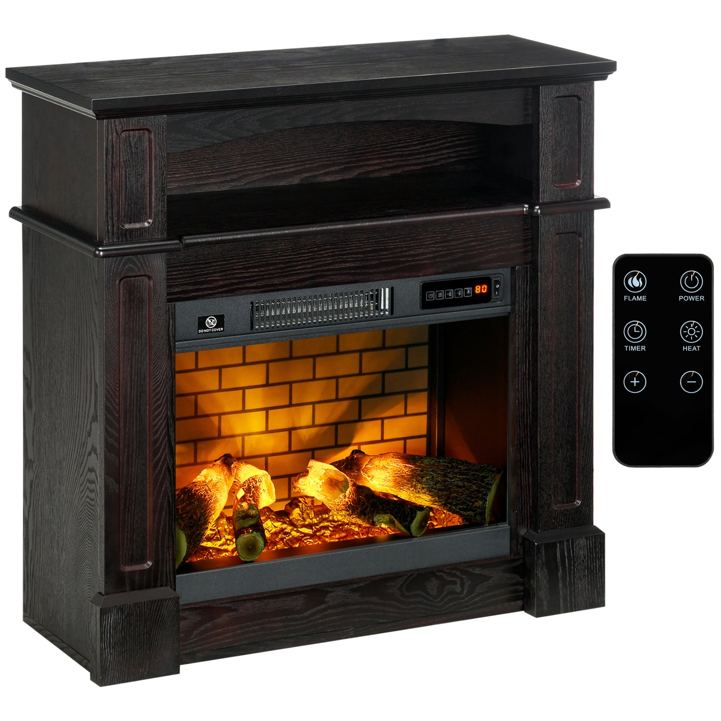 32 Electric Fireplace with Mantel and Shelf, Freestanding Heater with LED Log Flame and Remote Control, 700W/1400W, Brown