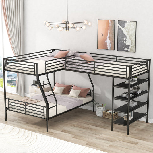 Triple Sleeper Bunk Bed with Loft, Shelves, and L-Shape Design, Black Metal