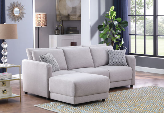 Penelope Light Gray Linen Fabric Sofa with Ottoman and Pillows