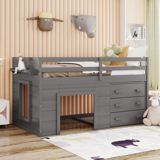 Twin Size Loft Bed with Cabinet and Shelf - Gray