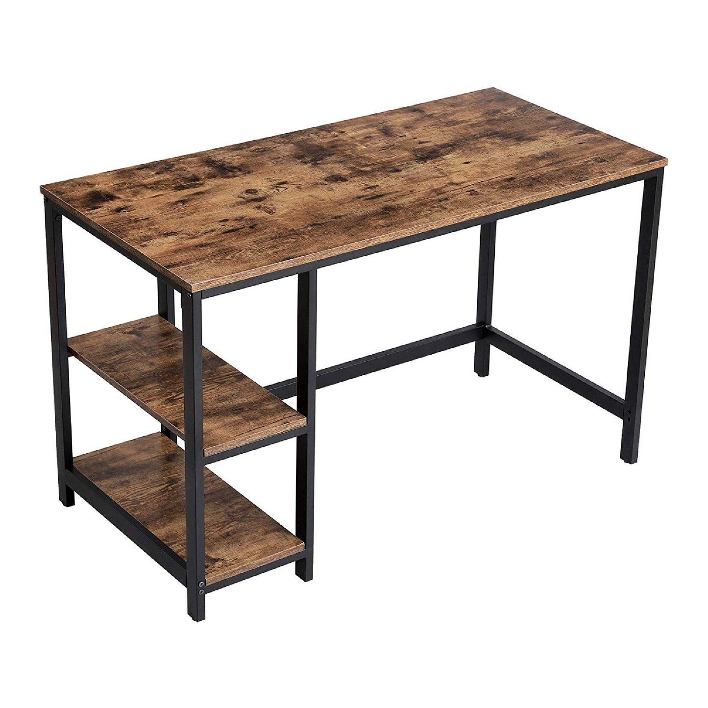 Industrial Style 47-Inch Writing Desk with 2 Shelves, Black-Brown Wood and Metal