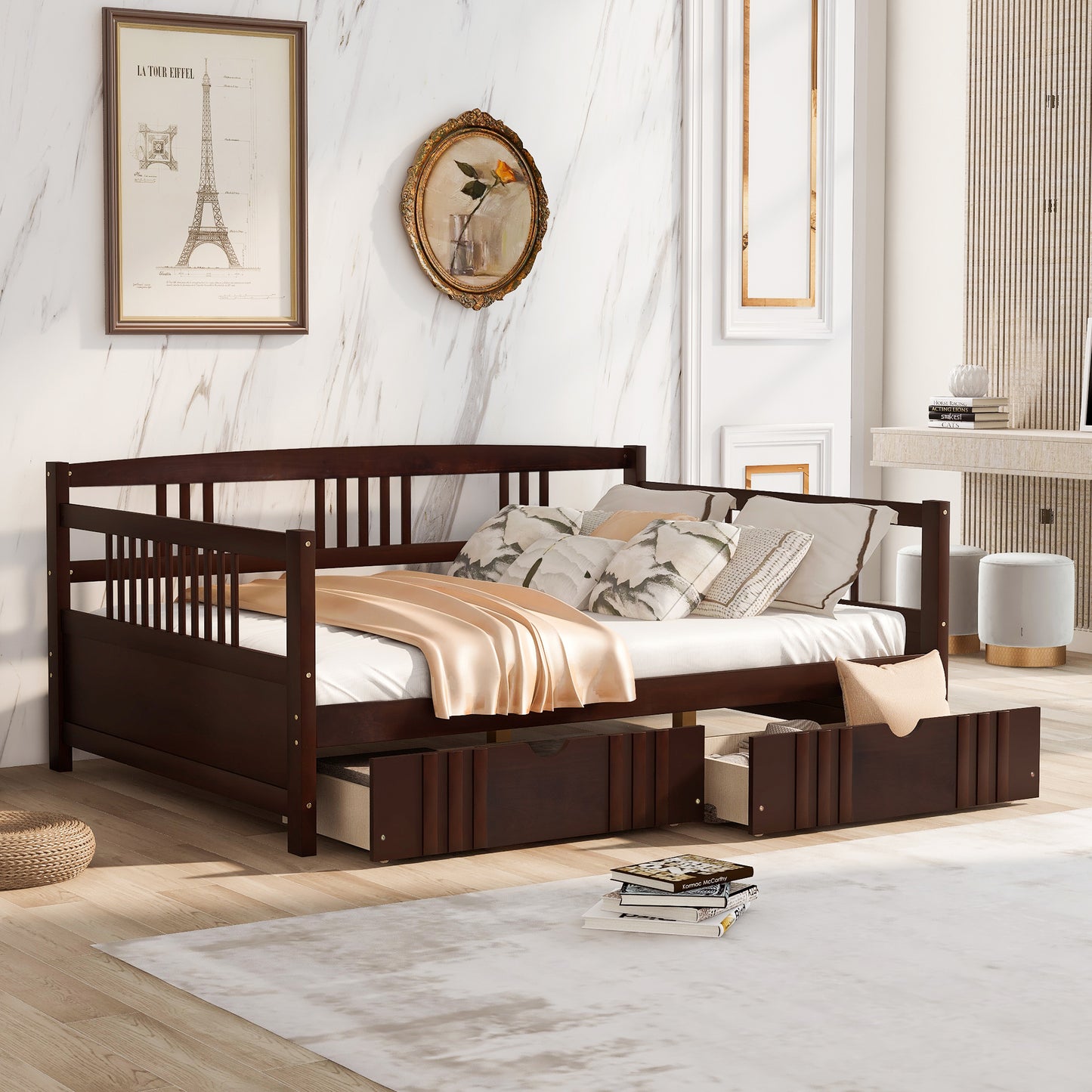 Full Size Daybed Wood Bed with Two Drawers,Espresso