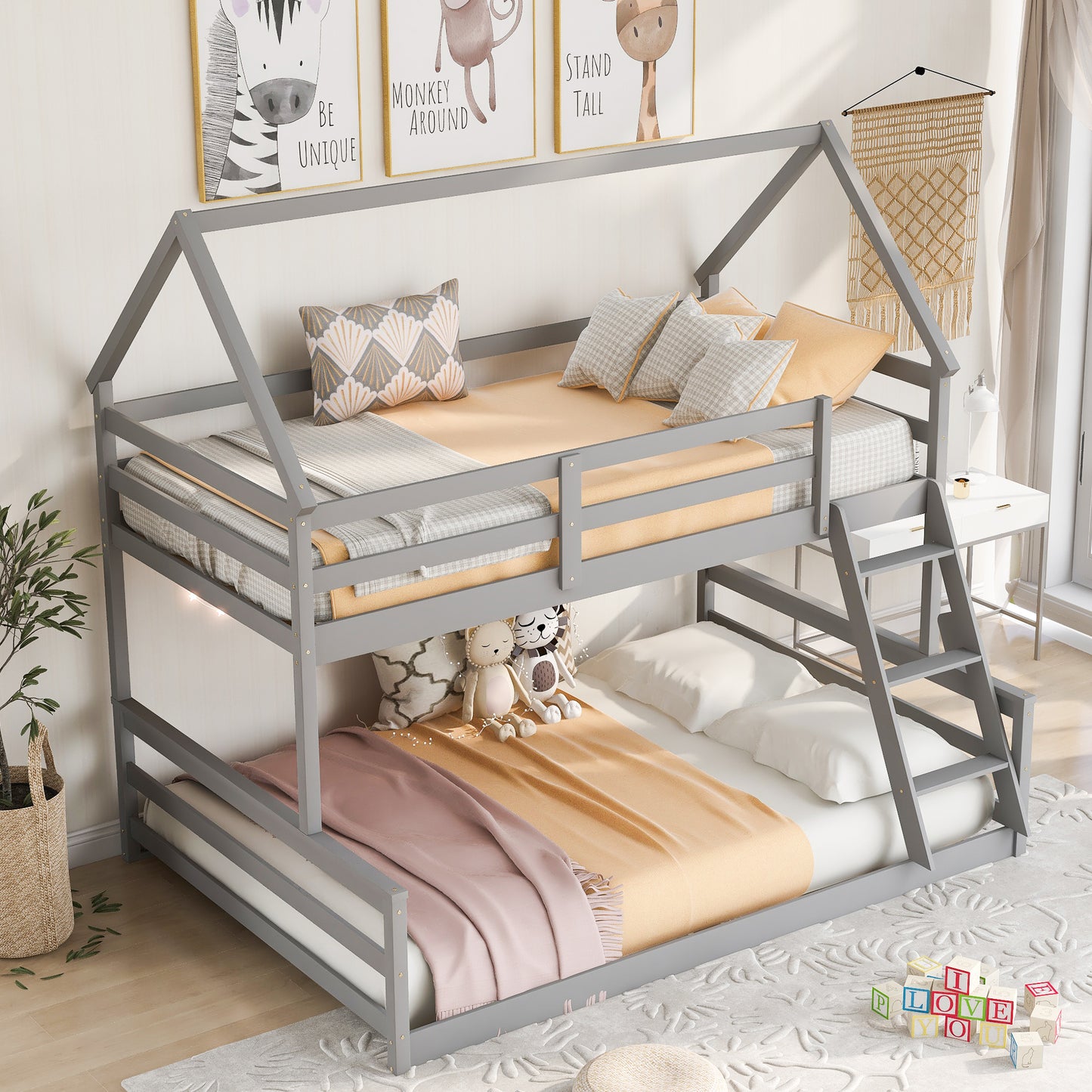 Gray Twin over Full House Bunk Bed with Loft Ladder