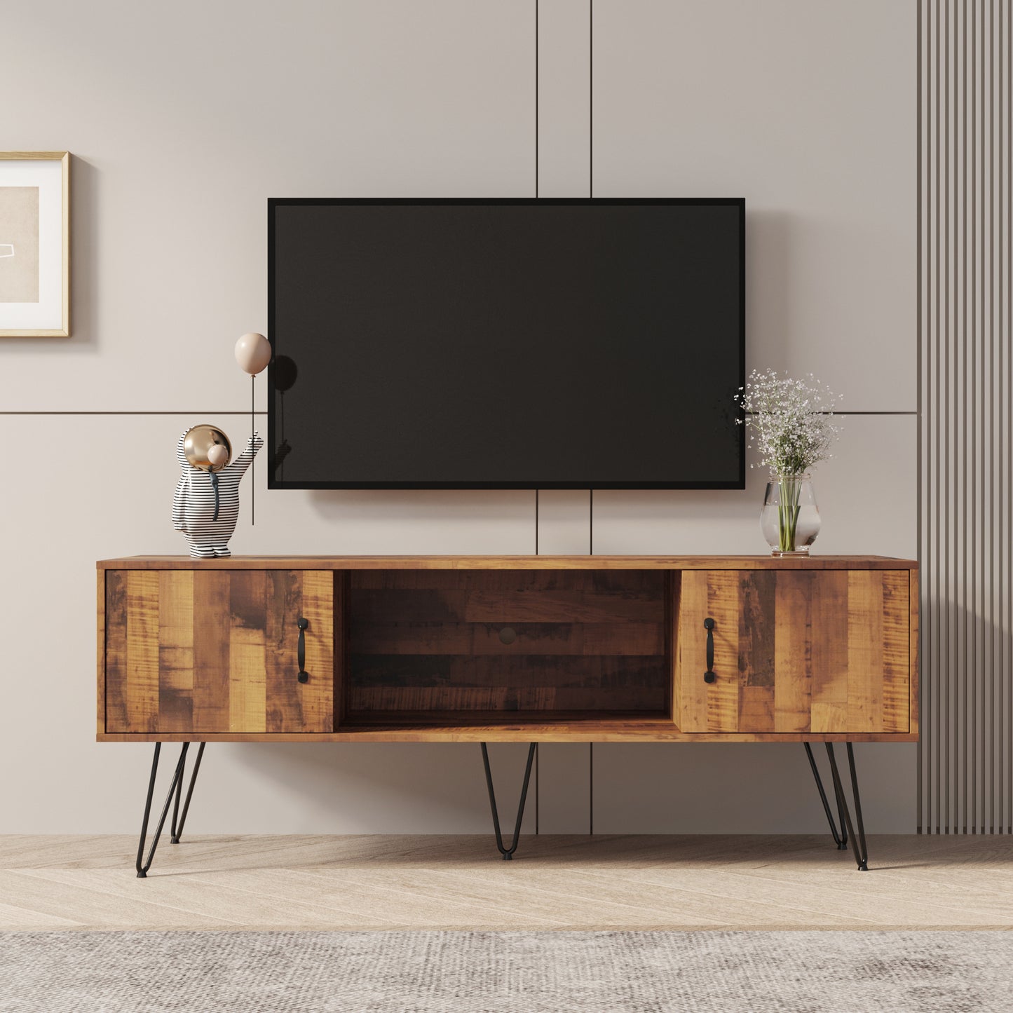 60-Inch Wide Rustic TV Stand with Storage Shelves and Cabinets