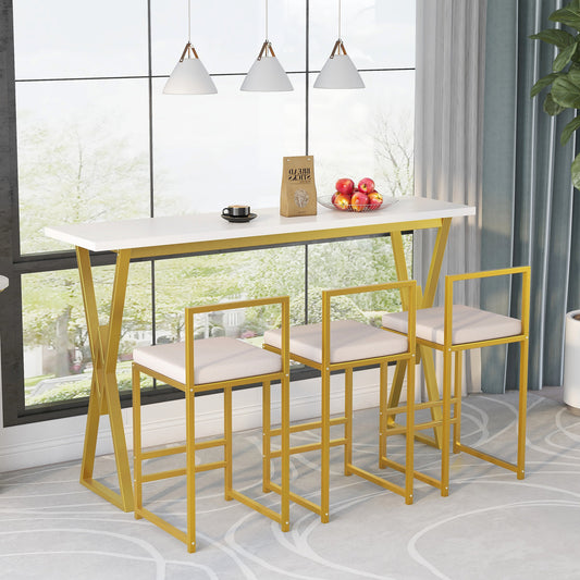 Modern 4-Piece Counter Height Extra Long Console Bar Dining Table Set with 3 Padded Stools for Small Places, Gold