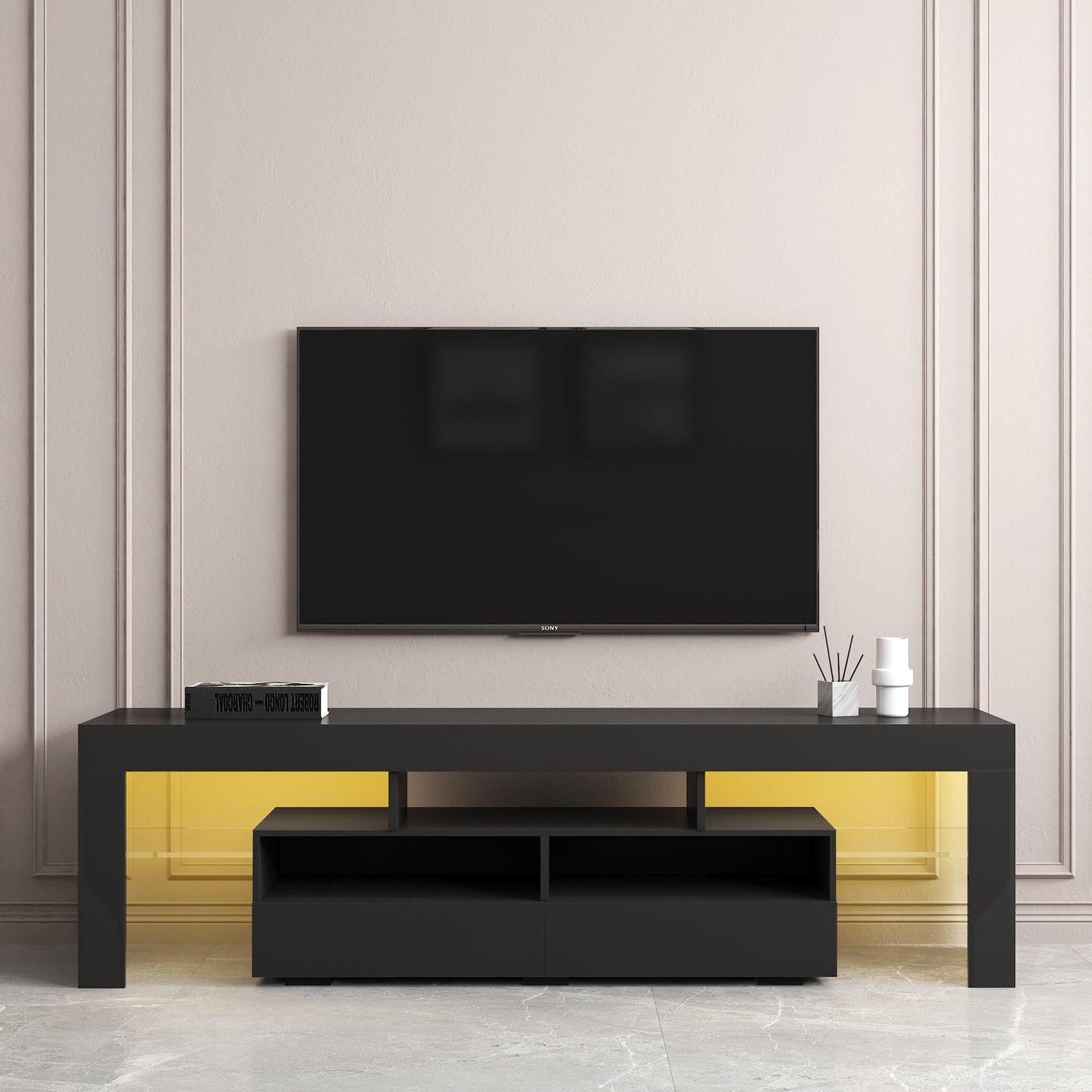 Modern Black TV Stand Cabinet with RGB LED Lights and Storage