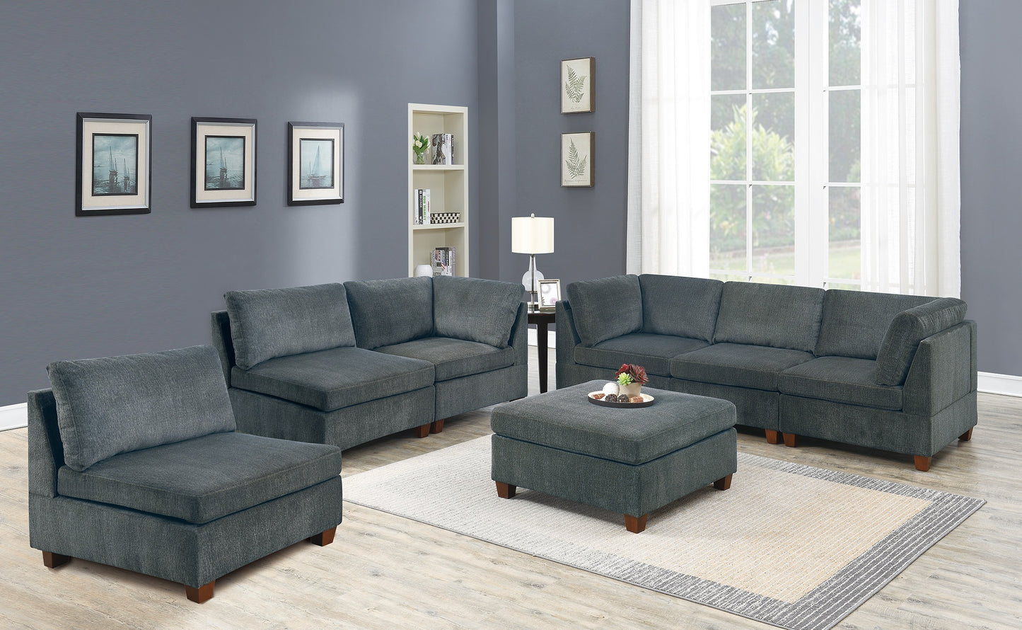 Gray Chenille Modular Sectional Sofa Set with Ottoman - 7 Piece Luxurious Living Room Furniture