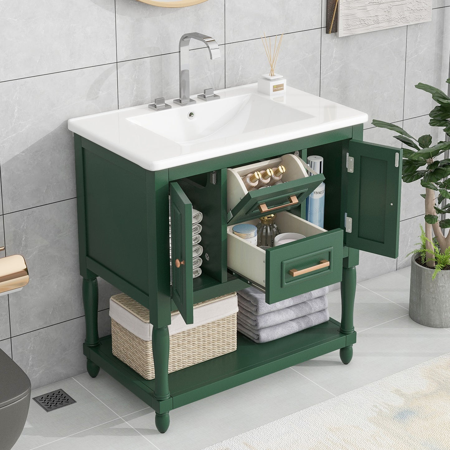 30" Bathroom Vanity with Sink Top, Bathroom Vanity Cabinet with Two Doors and Two Drawers, Solid Wood Frame, One Package, Green