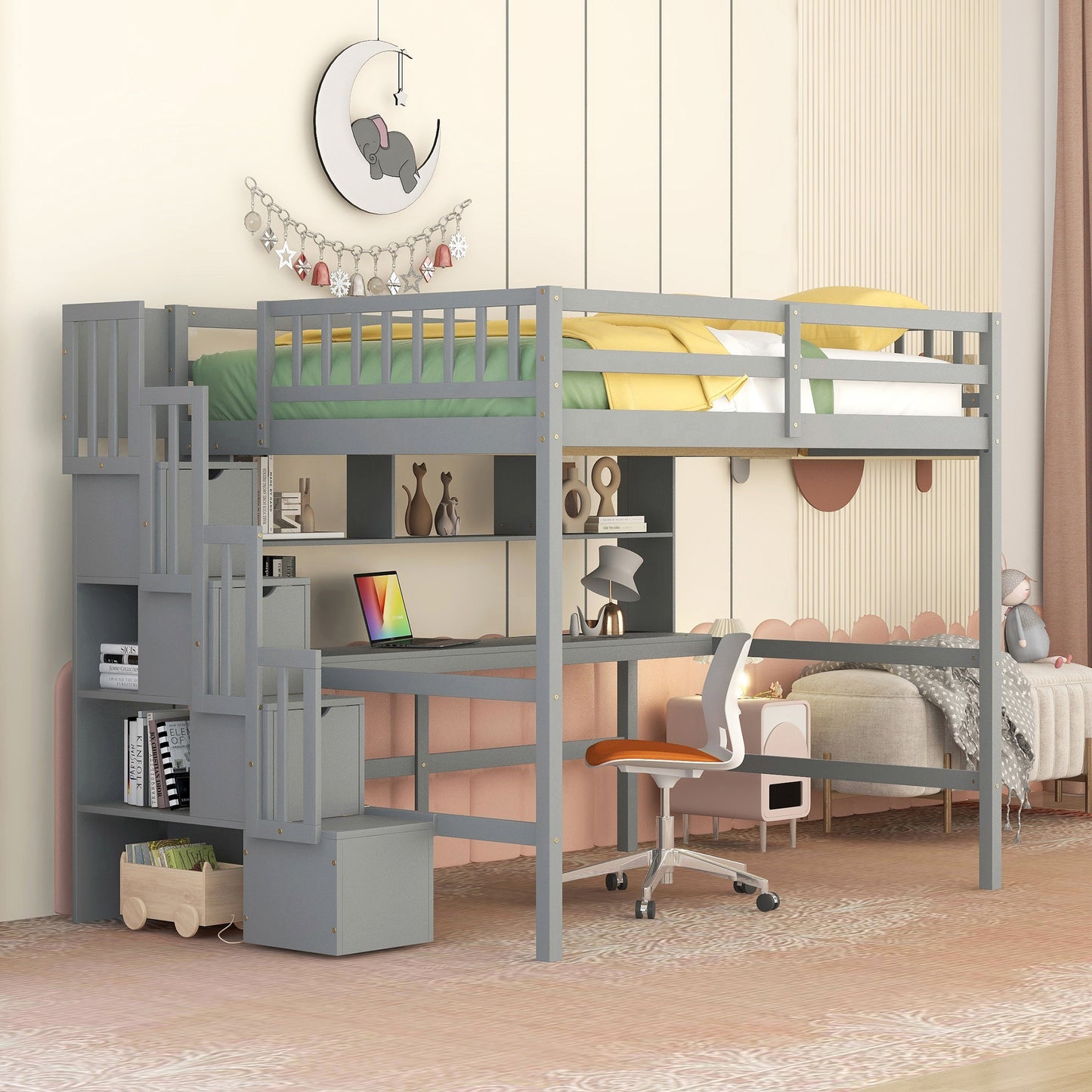 Full Size Loft Bed with Desk, Storage shelves and Staircase,Grey