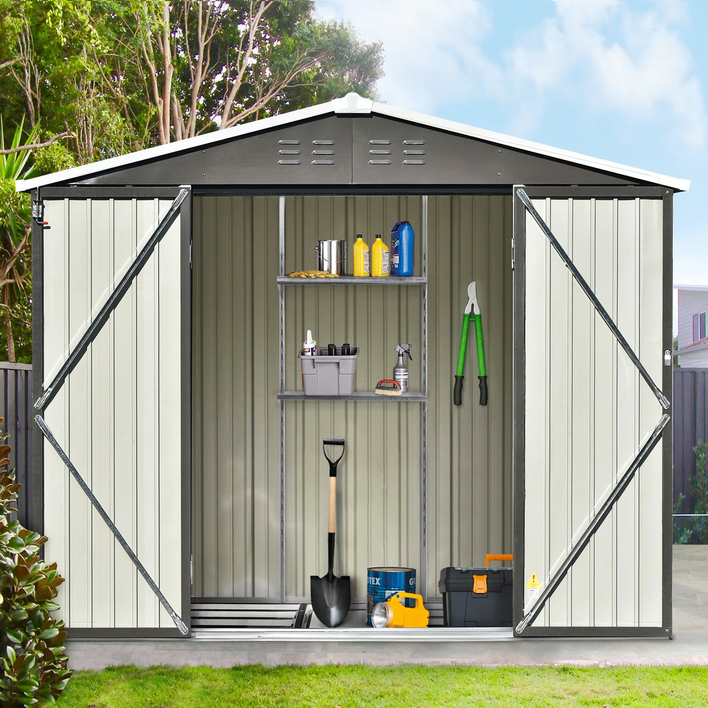 Patio 8ft x6ft Bike Shed Garden Shed, Metal Storage Shed with Adjustable Shelf and Lockable Doors, Tool Cabinet with Vents and Foundation Frame for Backyard, Lawn, Garden, Gray