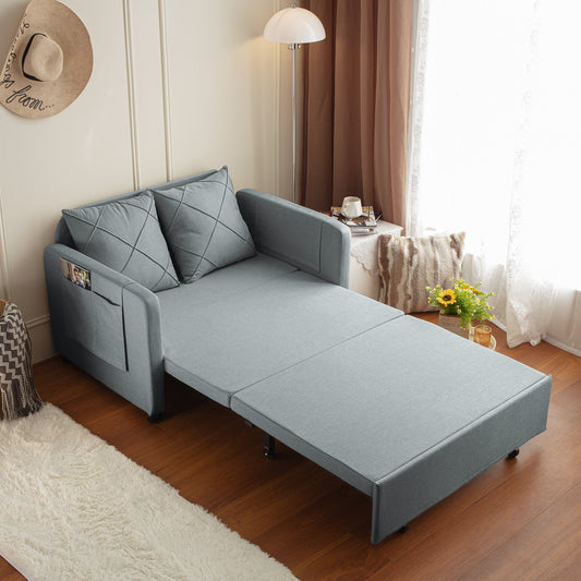 Modern Love Seat Futon Sofa Bed with Headboard,Linen Love seat Couch,Pull Out Sofa Bed With 2 Pillows & 2 Sides Pockets for Any Small Spaces