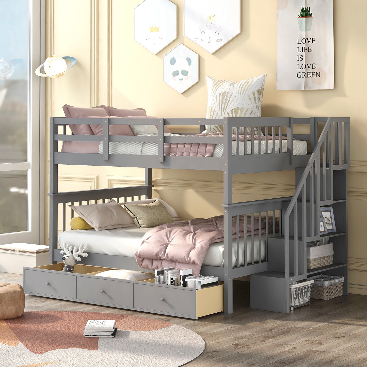 Gray Full-Over-Full Bunk Bed with Staircase, Drawer, and Storage