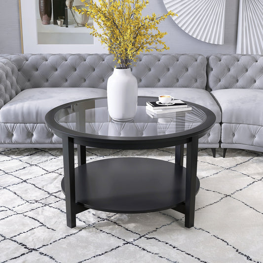 Round Glass Top Solid Wood Storage Coffee Table in Black with Double-Deck Design and Family Safety Protection