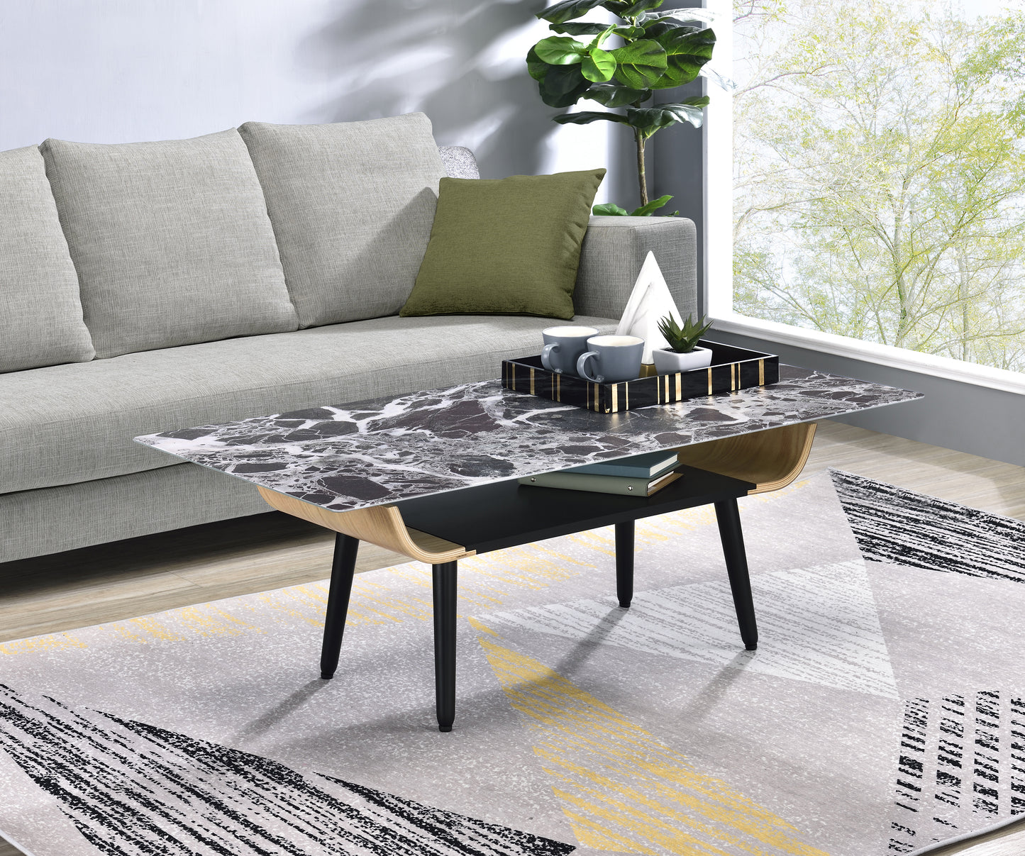 Landon Glass Top Coffee Table with Black Marble Texture and Bent Wood Design