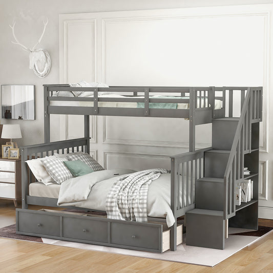 Stylish Gray Stairway Bunk Bed Set with Drawer and Storage for Bedroom