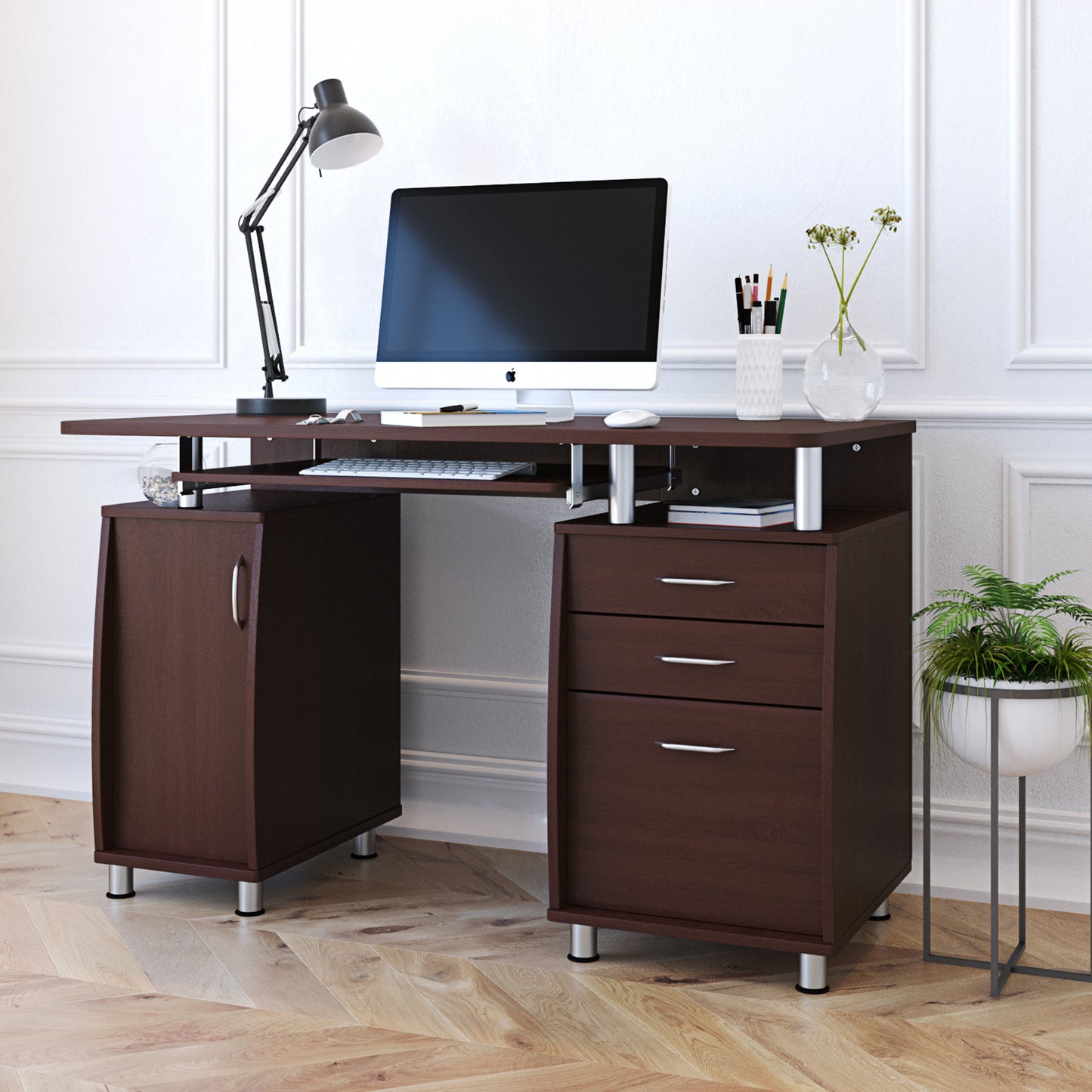 Chocolate Computer Desk with Efficient Storage and Enhanced Functionality