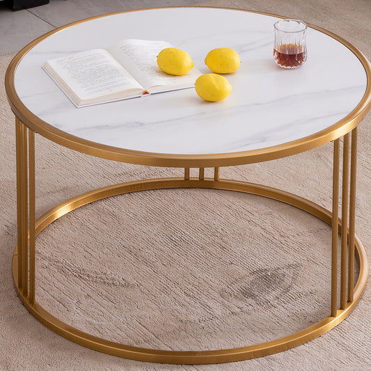 Luxurious Golden Stainless Steel Framed Round Coffee Table with Sintered Stone Top