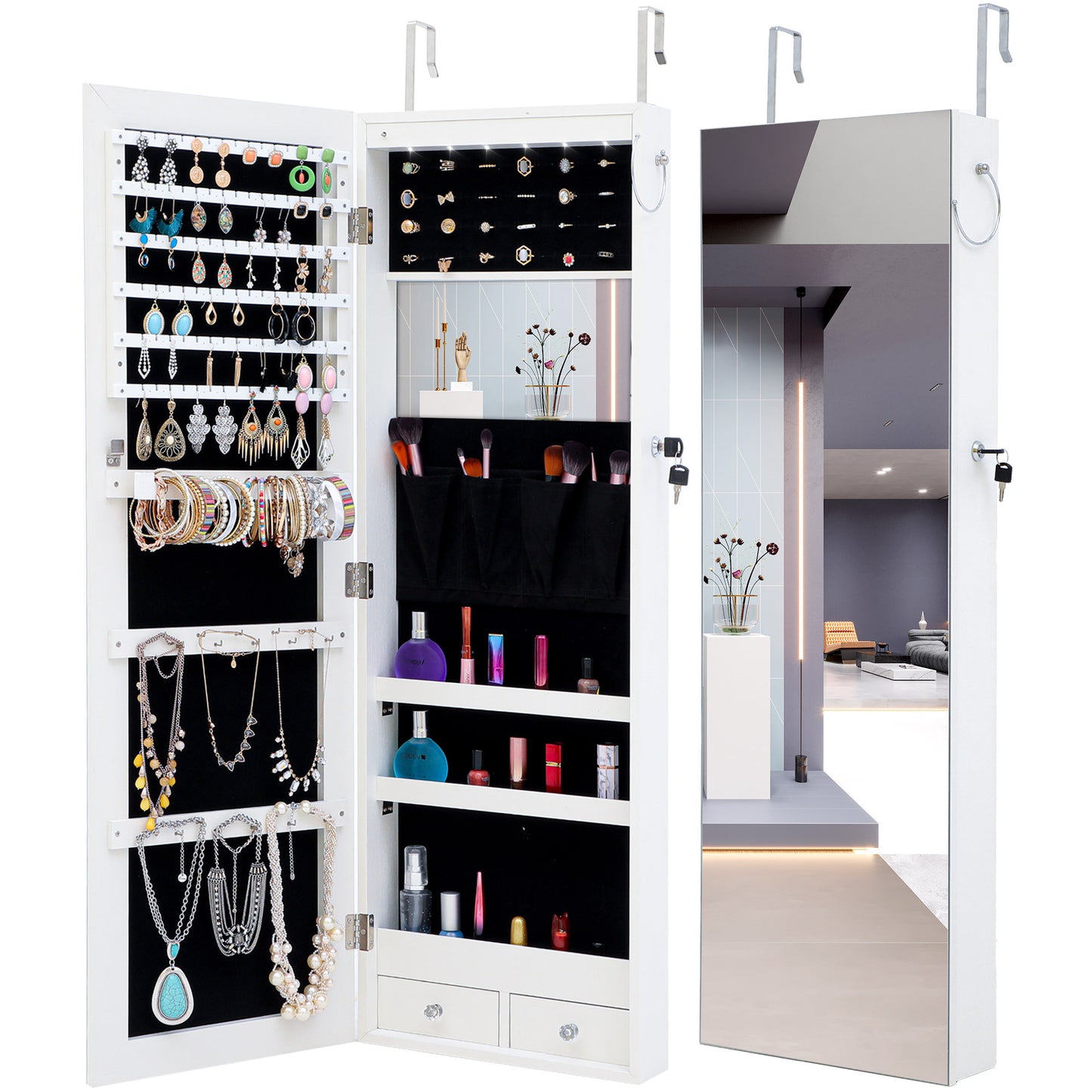 Fashion Simple Jewelry Storage Mirror Cabinet With LED Lights Can Be Hung On The Door Or Wall