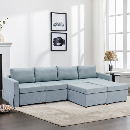 4-Seat Modular Sectional Sofa with Ottoman, Light Blue