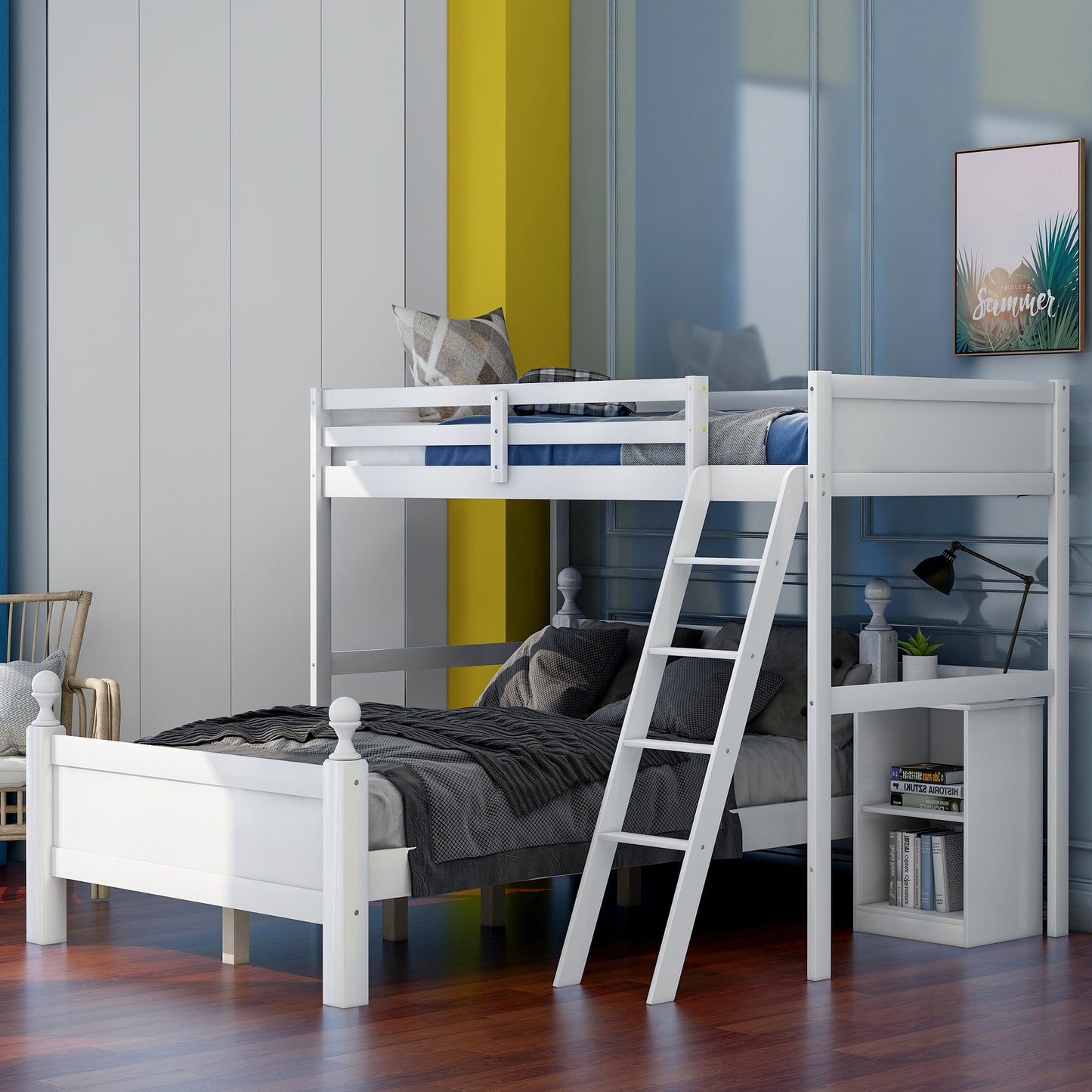 Twin over Full Loft Bed with Cabinet, White