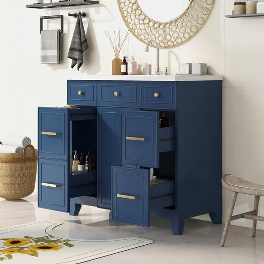 36" Bathroom Vanity Cabinet with Sink Top Combo Set, Navy Blue, Single Sink, Shaker Cabinet with Soft Closing Door and Drawer