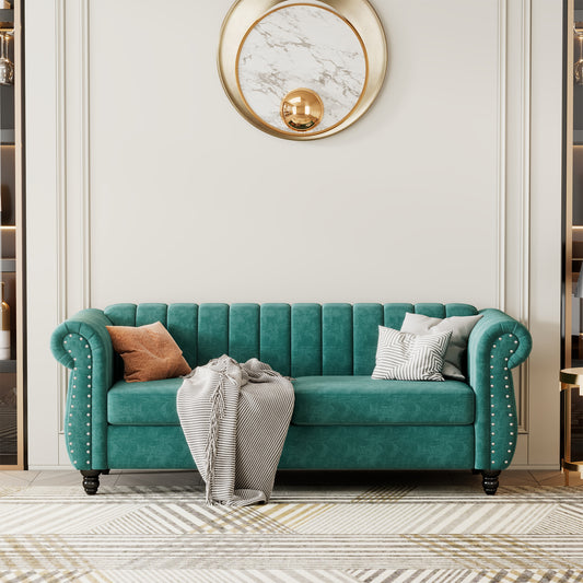 82.5 Modern Green Upholstered Chesterfield Sofa with Solid Wood Legs