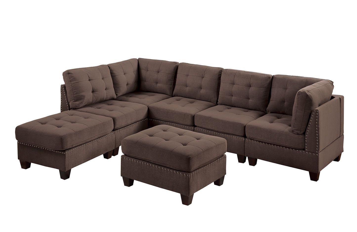 7-Piece Black Coffee Linen Modular Sectional Set with Tufted Nailhead Details