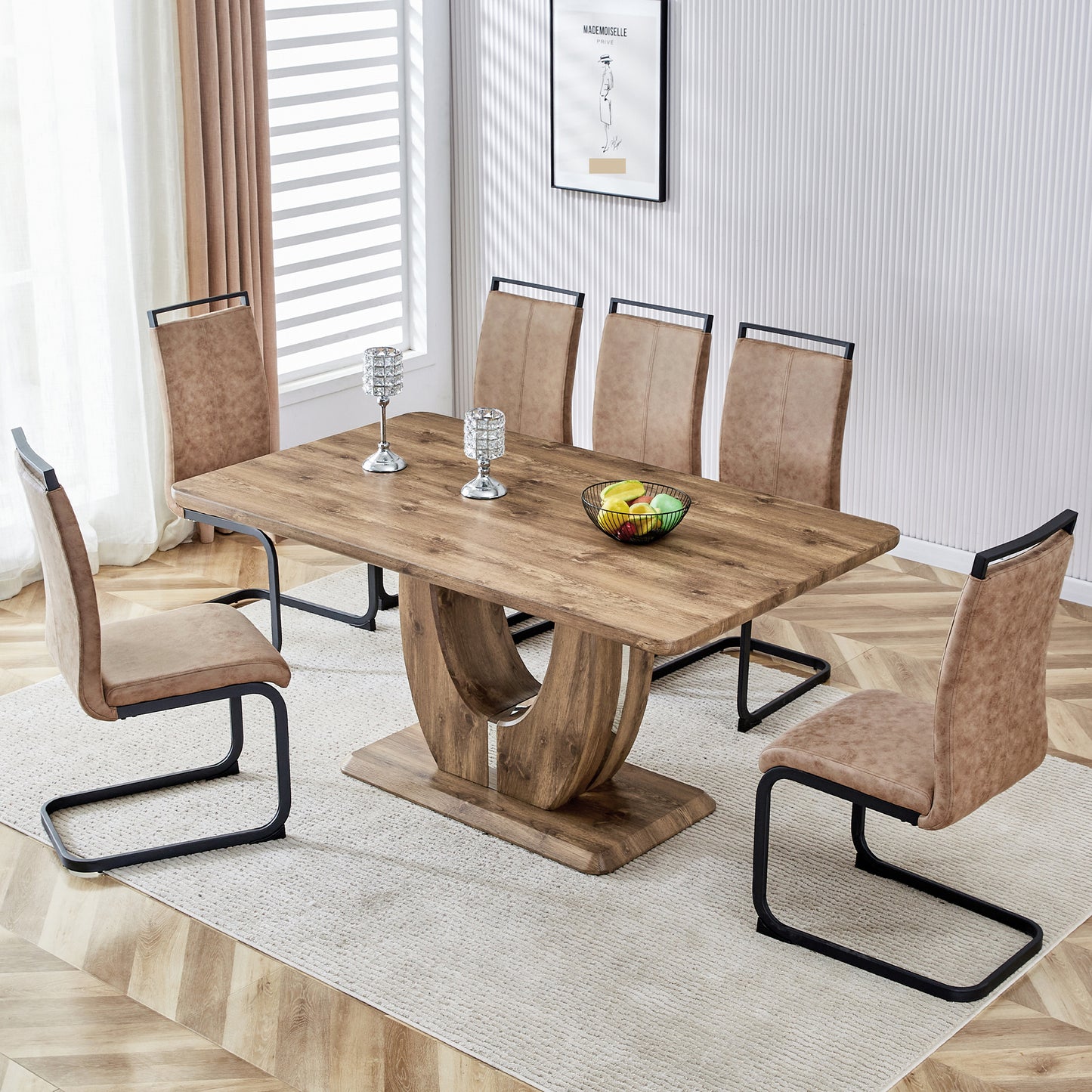 7 Piece Modern Dining Table Set, Rectangular Kitchen Table Set with Wooden Tabletop＆6 Pu Leather Upholstered Chairs Ideal for Dining Room, Kitchen