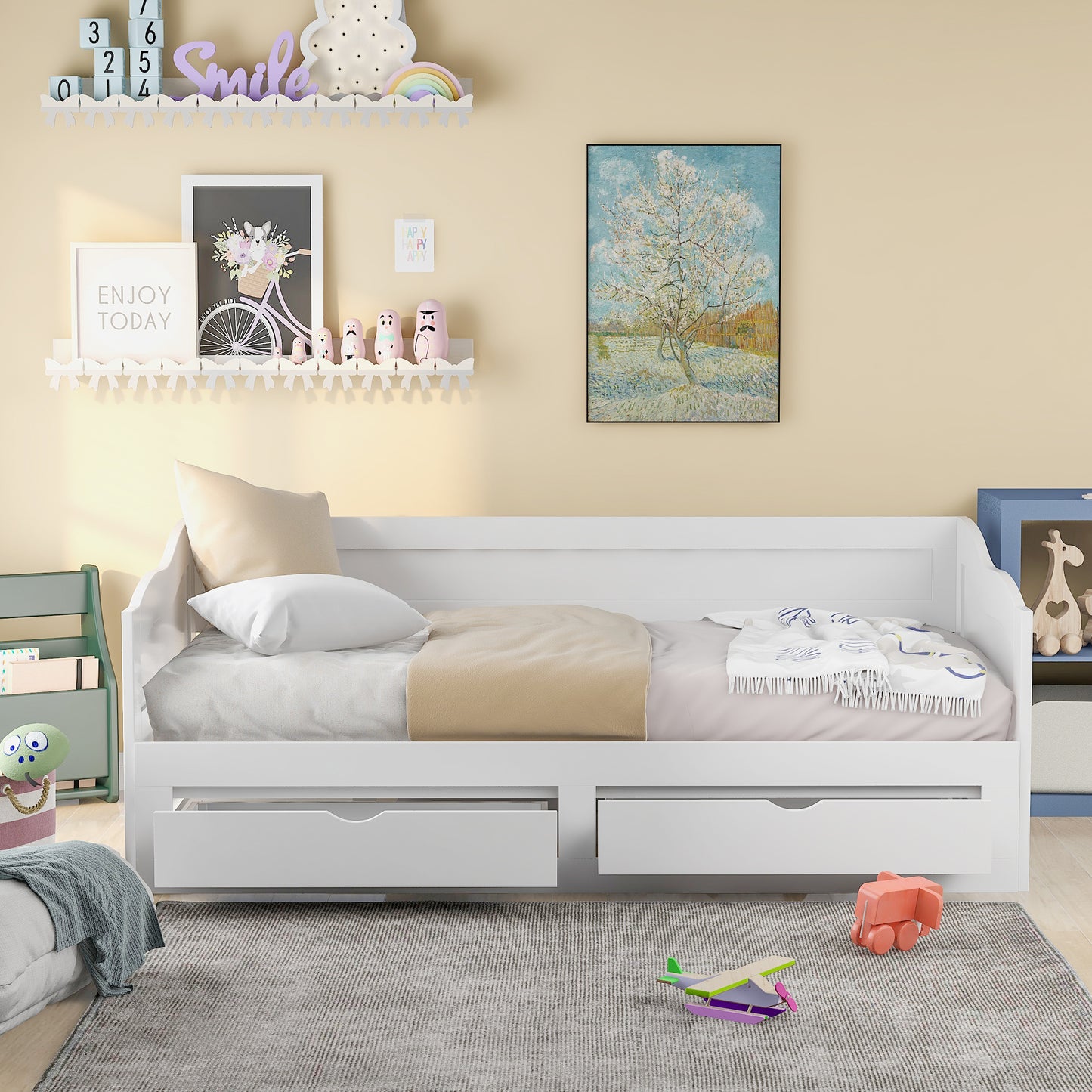 Wooden Daybed with Trundle Bed and Two Storage Drawers , Extendable Bed Daybed,Sofa Bed with Two Drawers, White