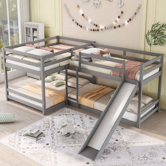 Gray L-Shaped Bunk Bed with Full and Twin Size, Slide, and Short Ladder