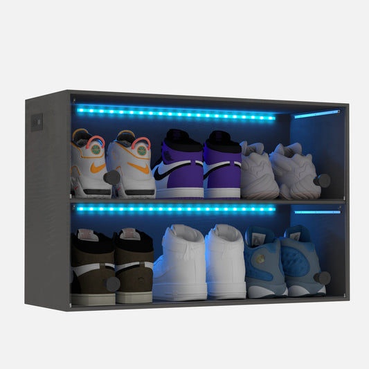 [Video] Sneaker Storage, Wooden Stackable Shoe Storage Box with Sliding Glass Door, Shoe Organizer Storage Box with RGB Led Light for Up To 6 Pairs of Shoes, Shoe Storage Bin For Display Sneakers