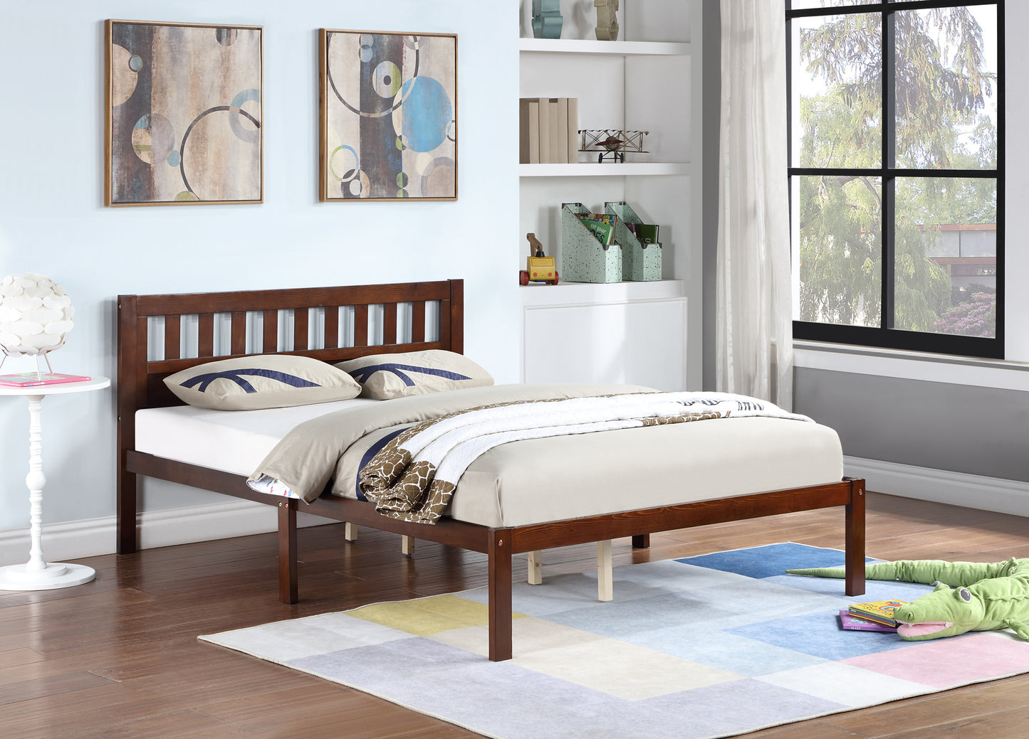 Full Size Bed, Wood Platform Bed Frame with Headboard For Kids, Slatted, Dark Walnut