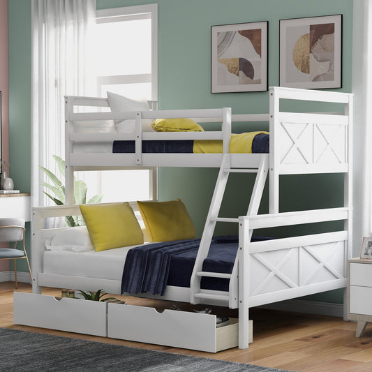 Bunk Bed with Storage Drawers, Guardrail, and Ladder - White Twin over Full