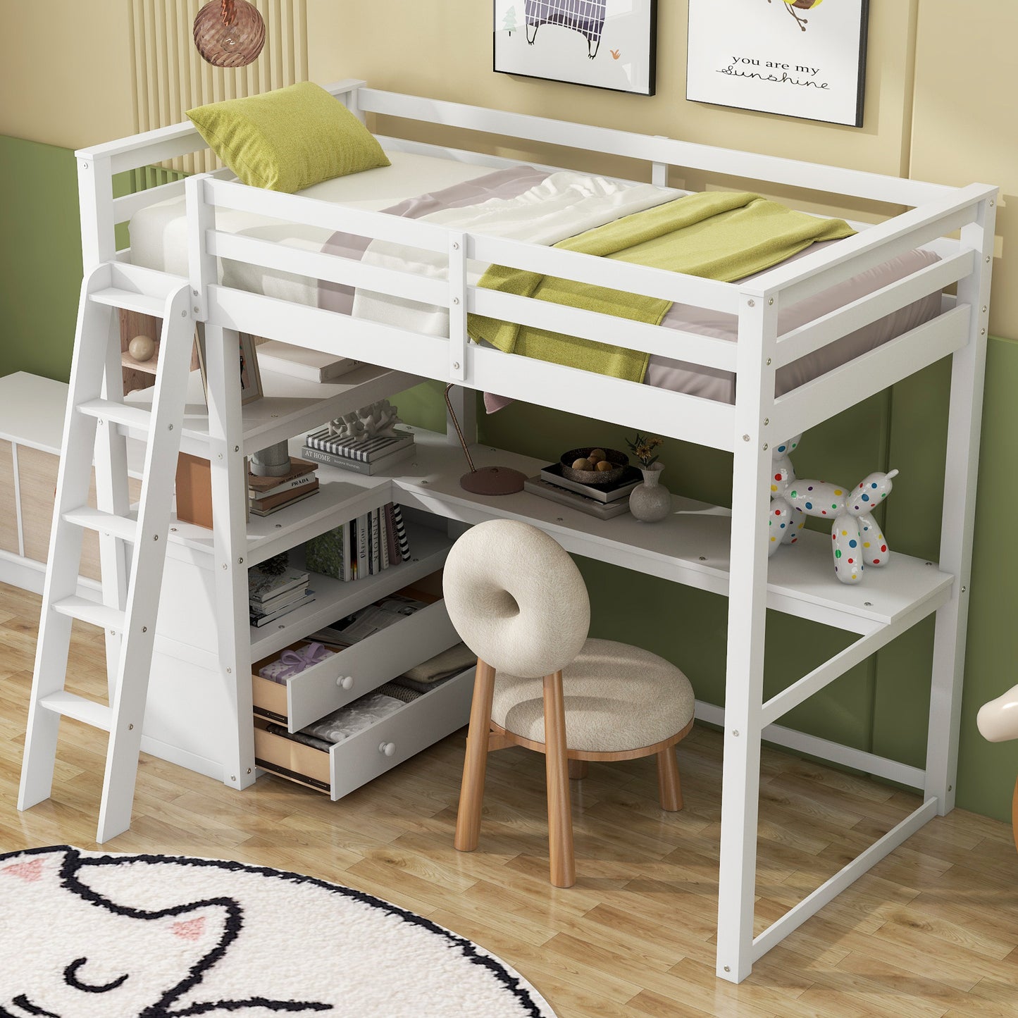 Twin Size Loft Bed with Desk and Shelves, Two Built-in Drawers, White(: GX000423AAK)