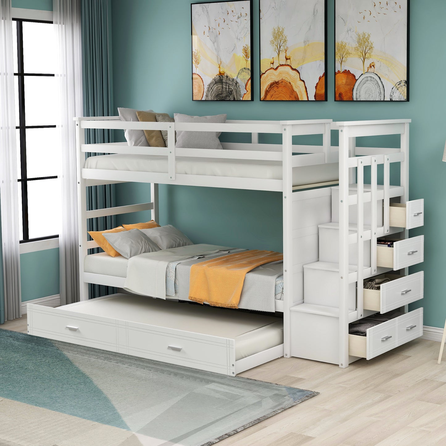 White Solid Wood Twin Bunk Bed with Trundle and Staircase