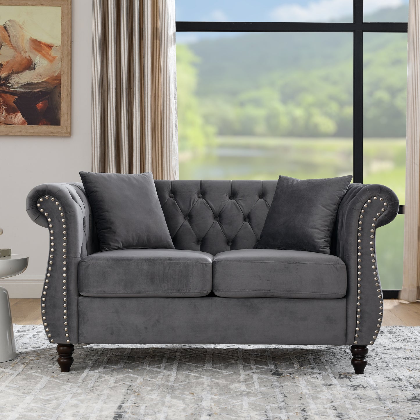 Classic Chesterfield 2-Seater Velvet Sofa in Grey with Rolled Arms and Nailhead Trim