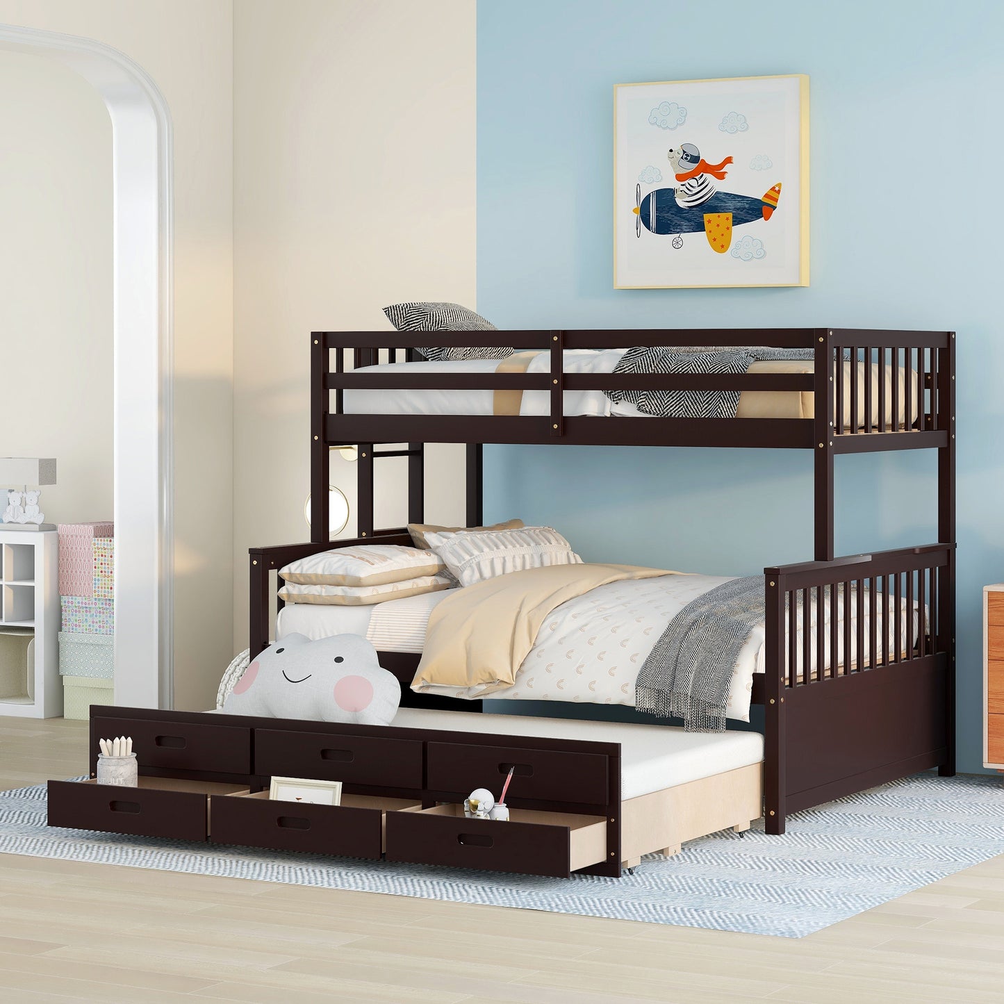 Rustic Three-Bedroom Bunk Bed with Trundle and Drawers - Espresso