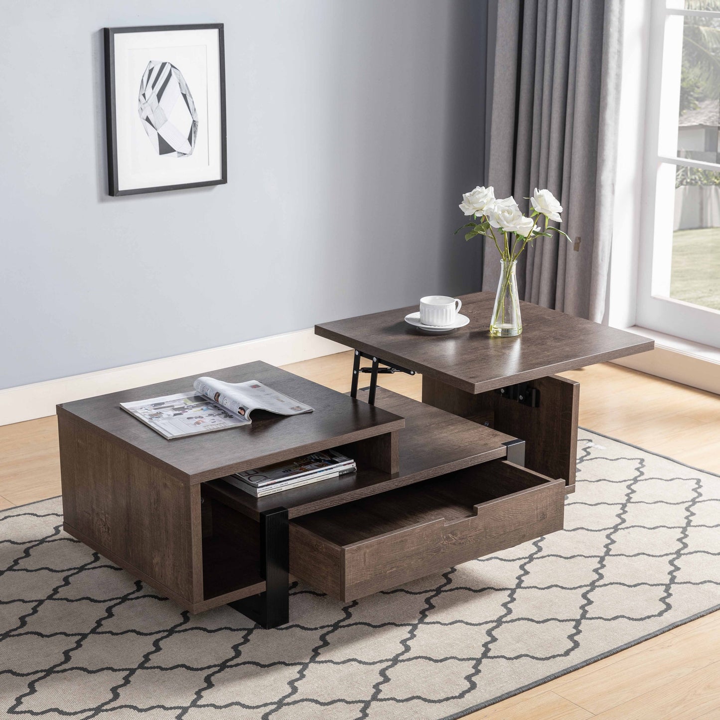 Walnut Oak & Black Coffee Table with Lift Top and Drawer Storage