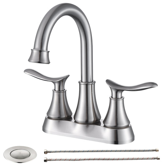 Brushed Nickel 2-Handle Bathroom Faucet with Pop-up Drain and Supply Hoses